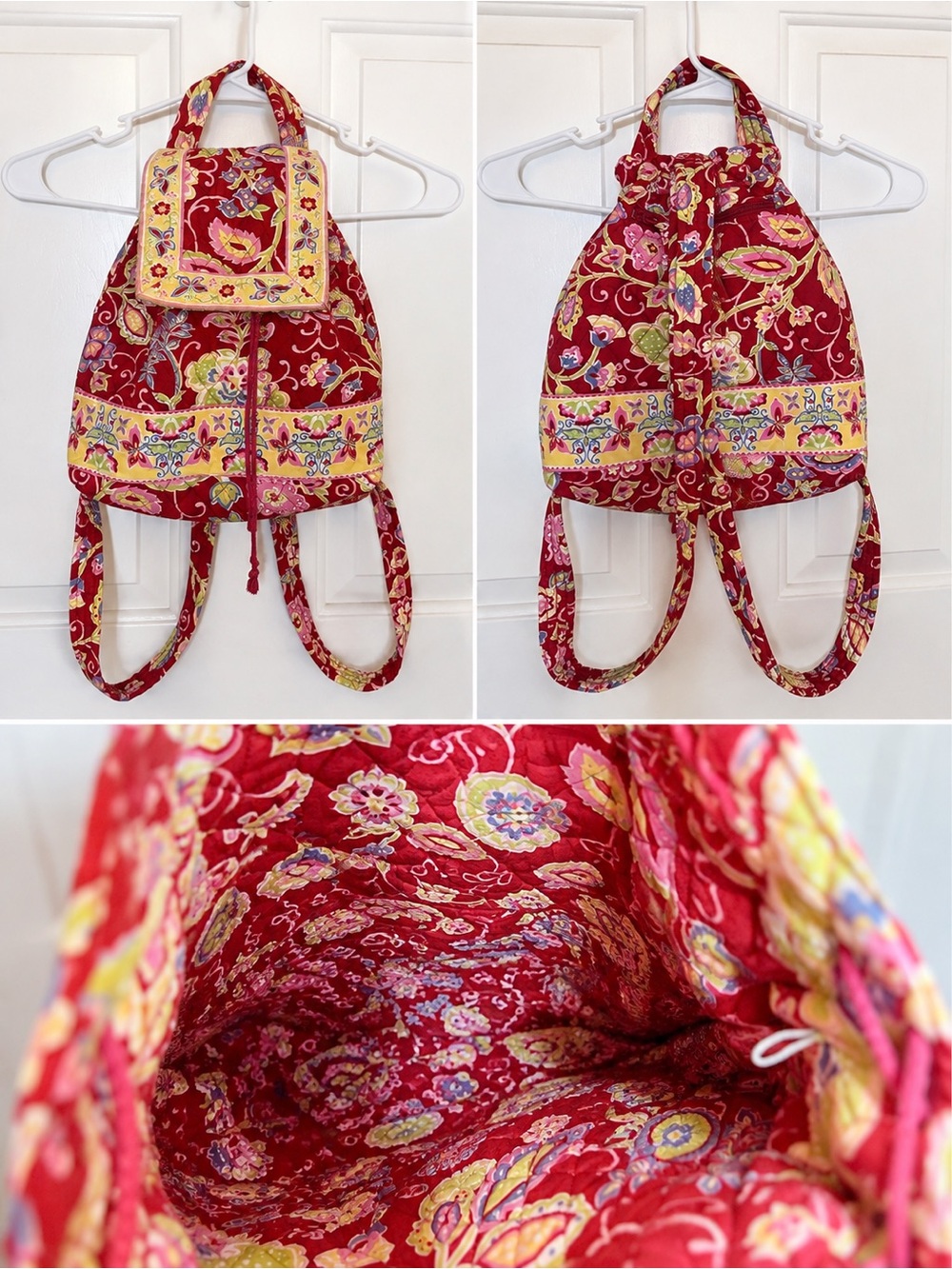 Quilted Floral Drawstring Backpack in Red, Yellow and Pink